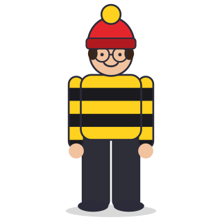 Scout: yellow and black striped jumper, red bobble hat with a yellow pom-pom, round glasses and black trousers
